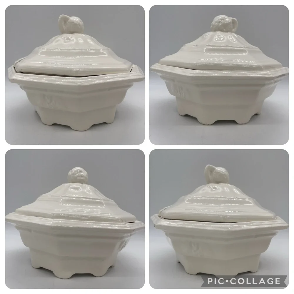 Vintage California Pottery USA Soup Tureen 2qt Octagon White Cream Lidded Lid‎